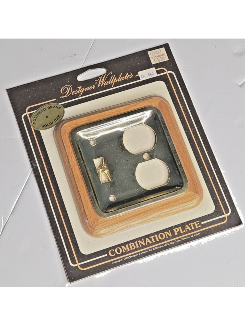 Designer Bathware Brass Solid Oak Combination Plate Toggle Outlet NOS USA 1986